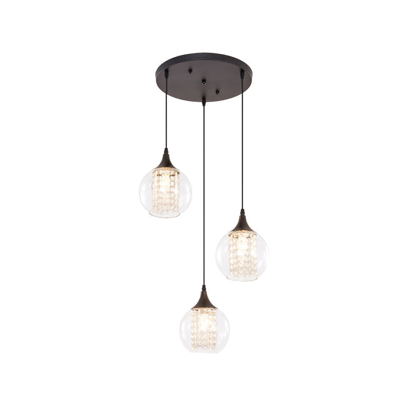 Stylish Globe Multi Ceiling Light with Clear Glass, 3 Bulbs, Black Finish - Modern Dining Room Hanging Lamp