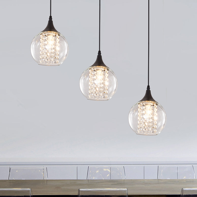 Stylish Globe Multi Ceiling Light with Clear Glass, 3 Bulbs, Black Finish - Modern Dining Room Hanging Lamp