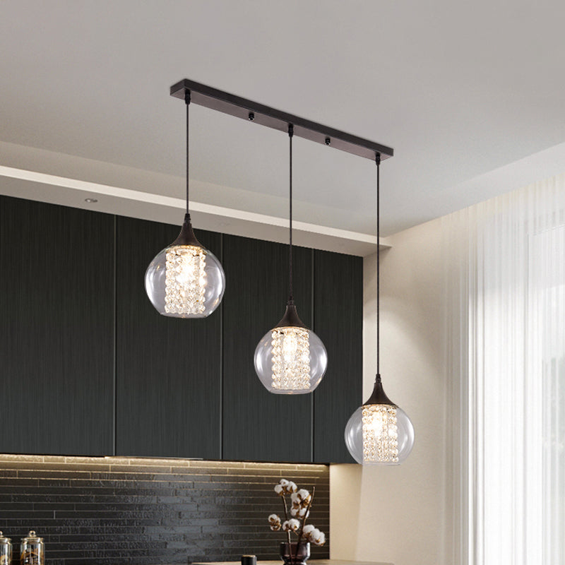 Stylish Globe Multi Ceiling Light with Clear Glass, 3 Bulbs, Black Finish - Modern Dining Room Hanging Lamp