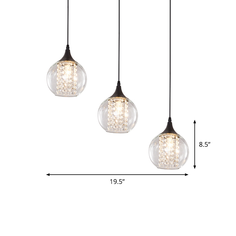 Stylish Globe Multi Ceiling Light with Clear Glass, 3 Bulbs, Black Finish - Modern Dining Room Hanging Lamp