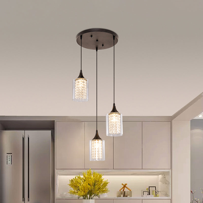 Minimalist Black Cylinder Pendant Light with 3 Clear Glass Shades and Linear/Round Canopy