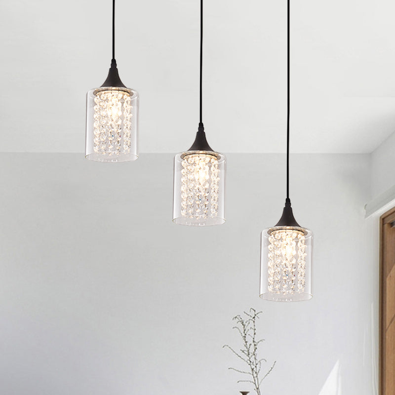 Minimalist Black Cylinder Pendant Light with 3 Clear Glass Shades and Linear/Round Canopy