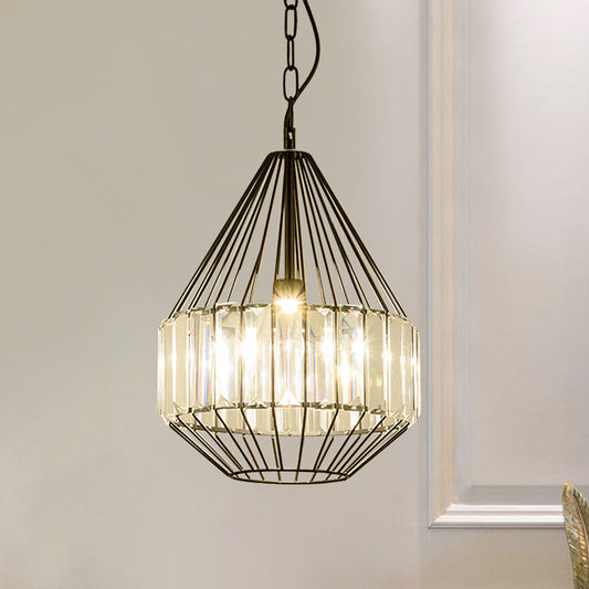 Minimalistic Black Teardrop Pendulum Light with Clear Crystal Rectangle Suspension Lamp
