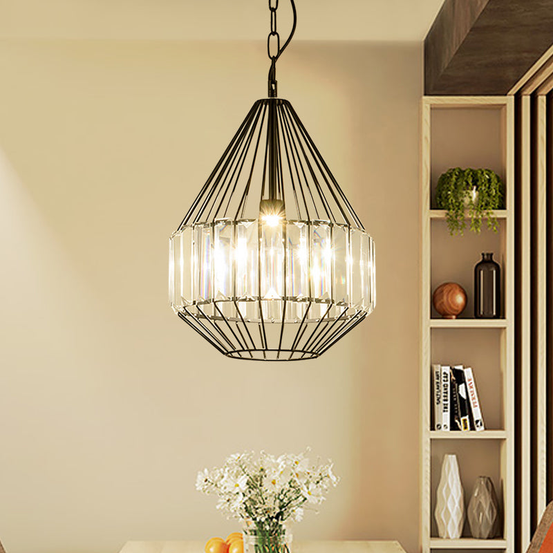 Minimalistic Black Teardrop Pendulum Light with Clear Crystal Rectangle Suspension Lamp