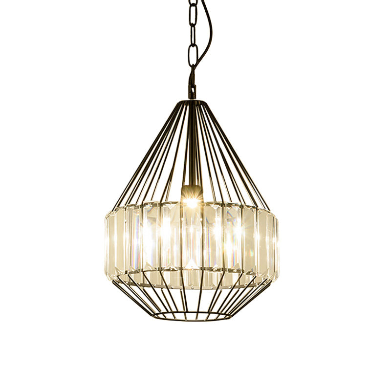 Minimalistic Black Teardrop Pendulum Light with Clear Crystal Rectangle Suspension Lamp
