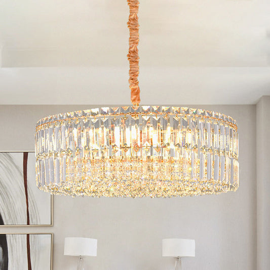 Minimalist Drum Shaped Crystal Chandelier Pendant with Layered Clear Crystals & 6 Bulbs