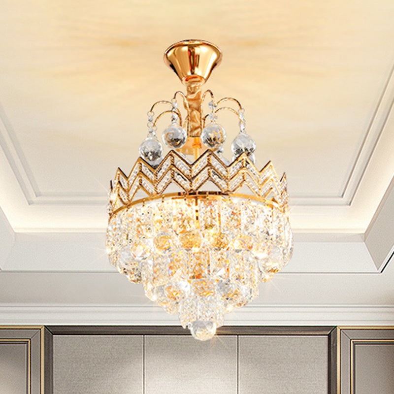 Gold Crystal Ceiling Mount Light - Conical Semi Flush Mount with Crown Design, 3 Bulbs