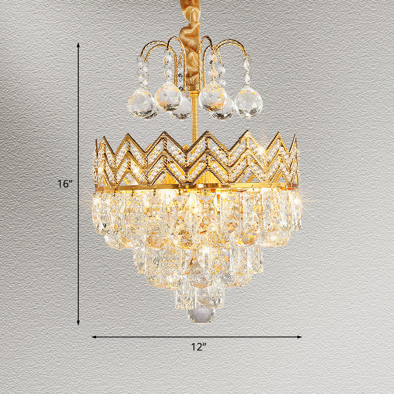 Gold Crystal Ceiling Mount Light - Conical Semi Flush Mount with Crown Design, 3 Bulbs