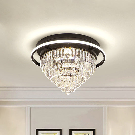Modern Crystal LED Bedroom Flush Light with Prism Cone and Halo Ring