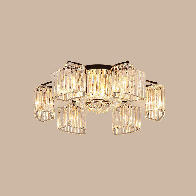 Modern Crystal Prism Flush Chandelier with Curved Design - Clear Semi Flush Mount Ceiling Light (3/9 Heads)
