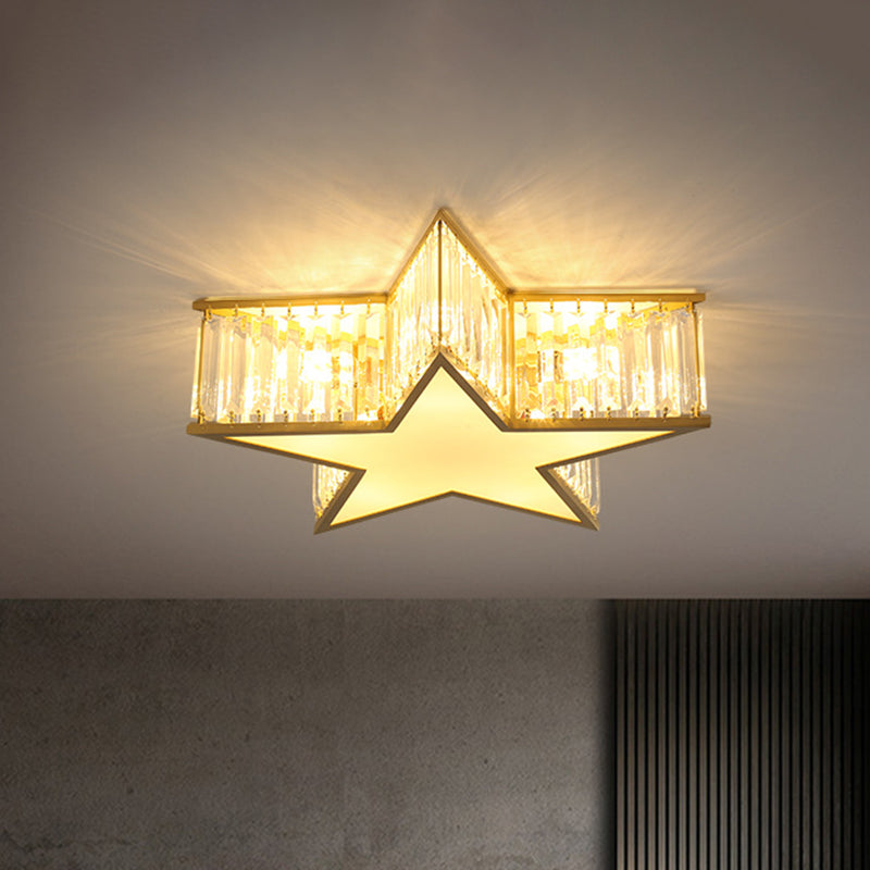 Plafonnier encastré simple en or avec abat-jour en cristal étoilé - Idéal pour les chambres - 5 lumières
