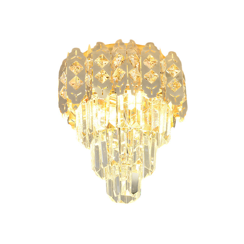 Modern Gold Crystal Prism Semi-Mount Ceiling Fixture with Layered Tapered Design
