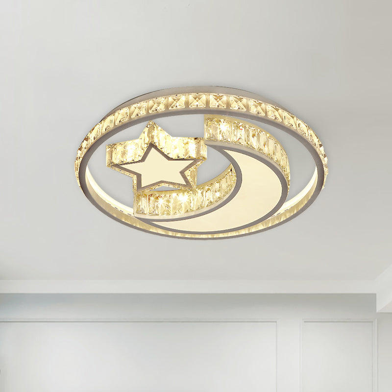 Modern Crystal Moon And Star Led Ceiling Flush Light For Bedrooms White Mounted Lamp