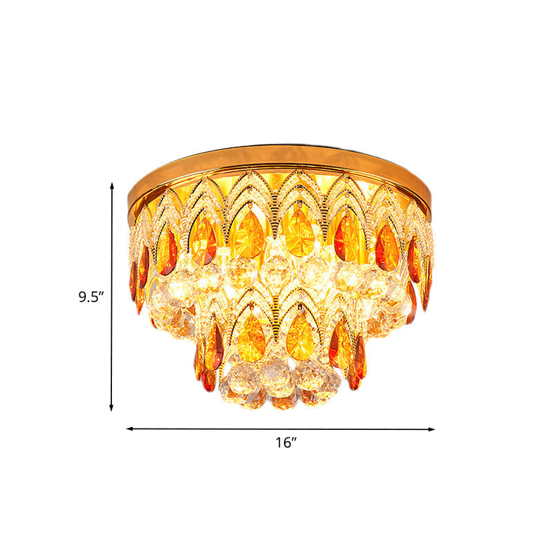 2-Tier Tan Crystal Droplets Ceiling Lamp - Traditional 6 Lights Flush Mount Fixture In Gold