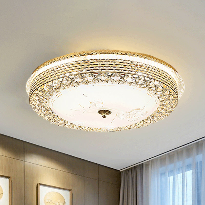 Gold Metal Flush Mount LED Ceiling Light with Crystal Accent and Opal Glass Shade