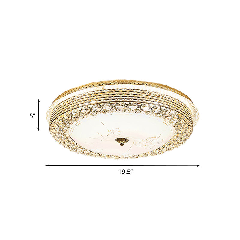 Gold Metal Flush Mount LED Ceiling Light with Crystal Accent and Opal Glass Shade
