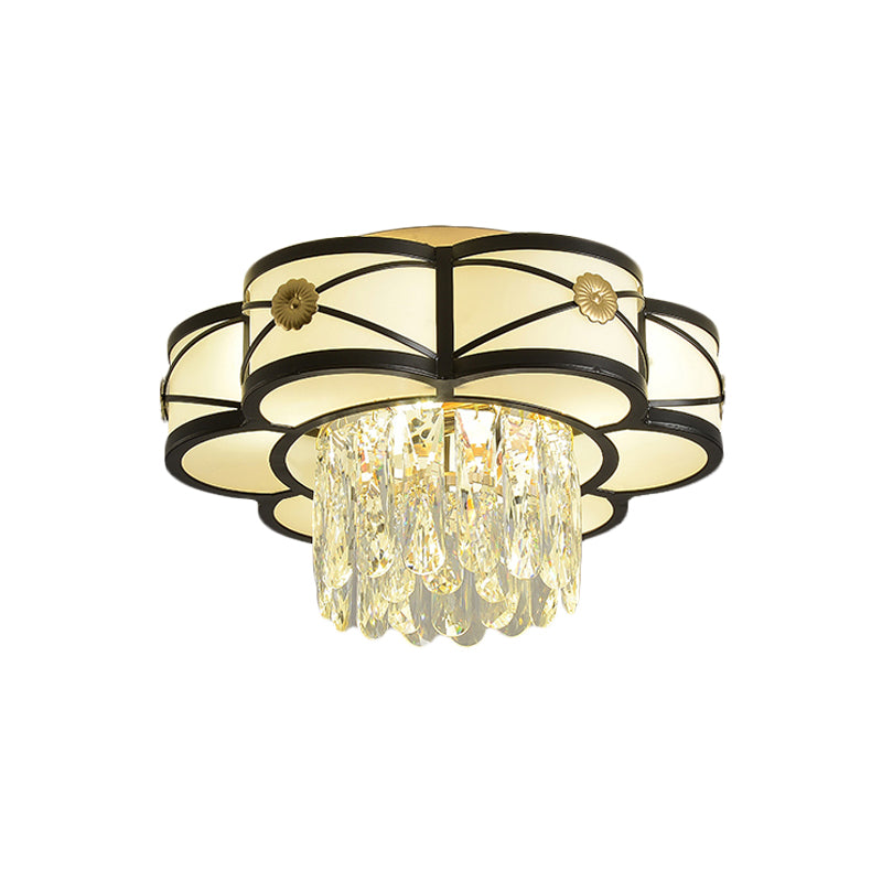 Modern Flower-Shaped Black Iron Flushmount Ceiling Lamp with Crystal Rod Drop - 4-Head Light Fixture
