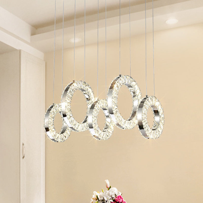 Contemporary Crystal-Encrusted Nickel Pendant Lamp - 5 Lights - Over Table