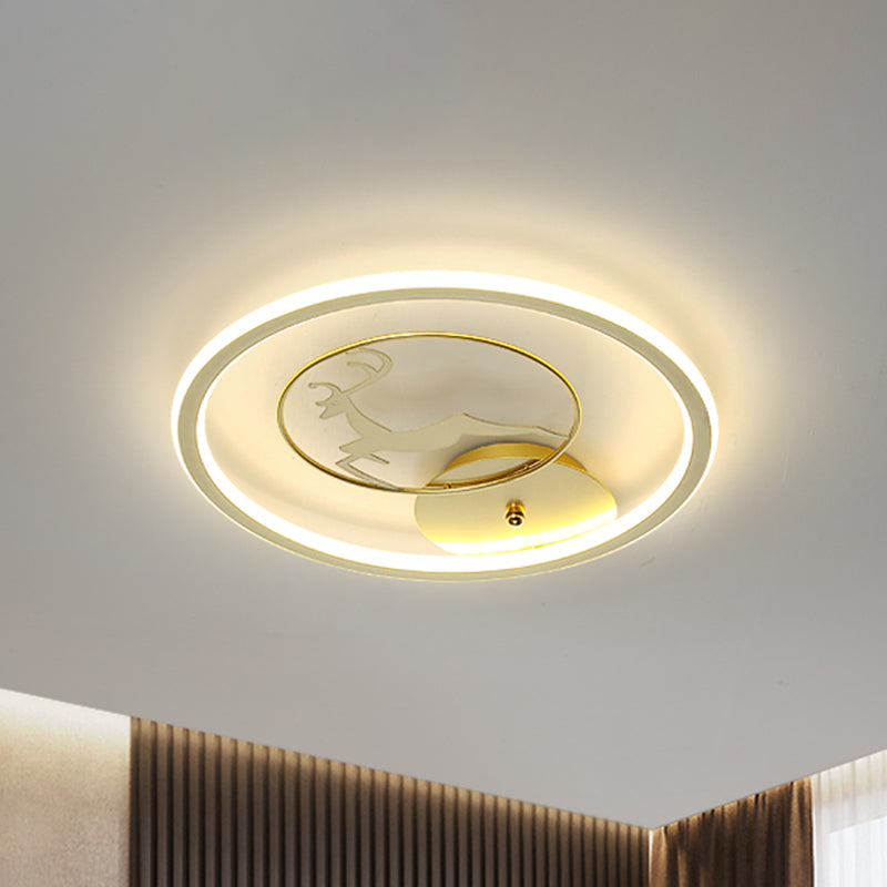 Contemporary LED Metal Ceiling Mount Fixture with Gold Round Flush Light and Elk Pattern, Sizes: 12"-16"-20" W
