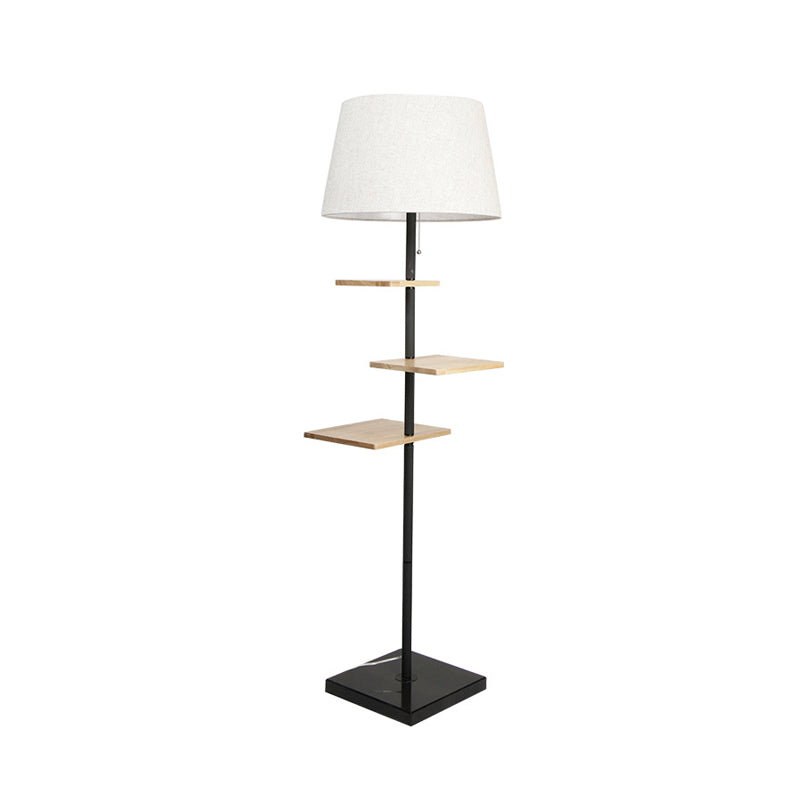 Modernist Wood Square Panel Floor Lamp - Black Finish Fabric Shade