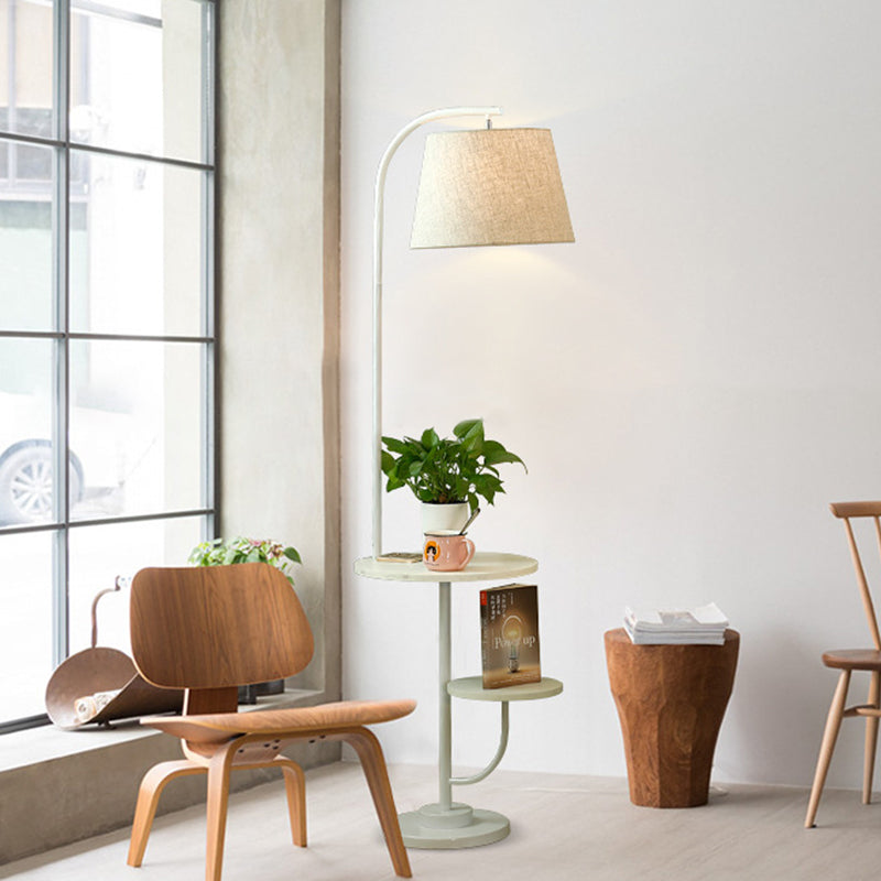 Modern White Arced Floor Lamp With Barrel Fabric Shade - Single Living Room Stand Desk Light