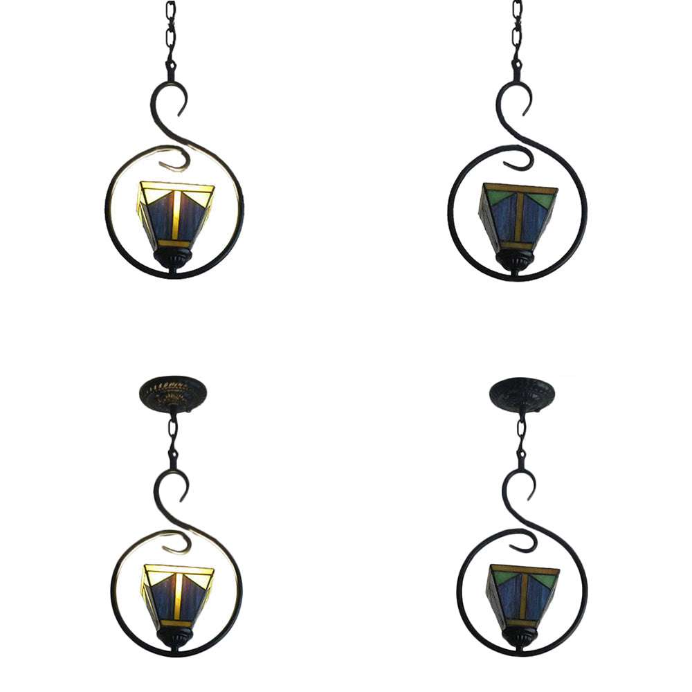 Suspension pyramidale en verre teinté bleu de style Tiffany avec suspension en acier inoxydable - Plafonnier à 1 lampe