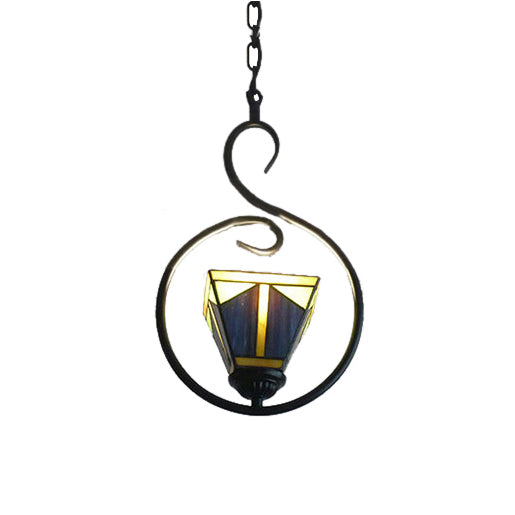Suspension pyramidale en verre teinté bleu de style Tiffany avec suspension en acier inoxydable - Plafonnier à 1 lampe