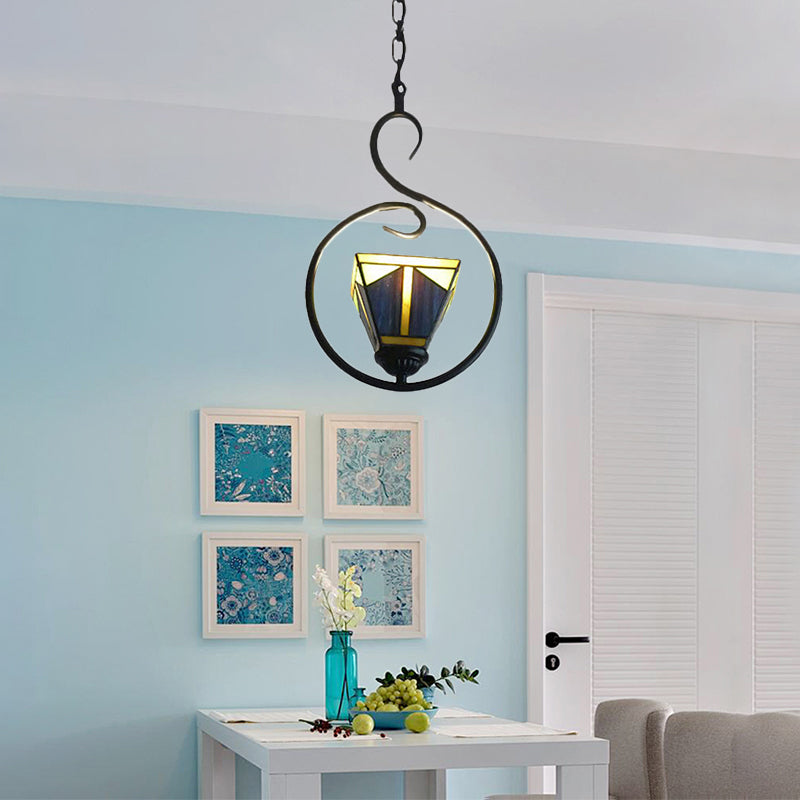 Suspension pyramidale en verre teinté bleu de style Tiffany avec suspension en acier inoxydable - Plafonnier à 1 lampe