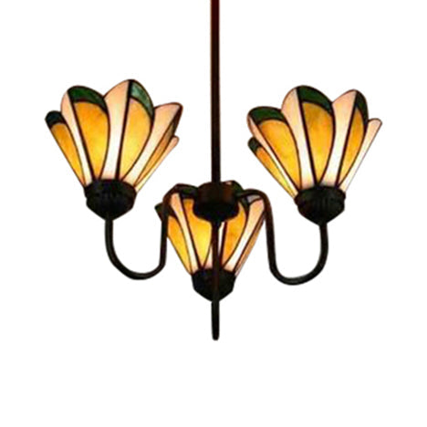 Yellow Tiffany Stained Glass Ceiling Pendant - Conical Hanging Light (Set of 3) - Traditional Design for Hotels