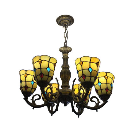 6-Bulb Tiffany Vintage Glass Chandelier with Hanging Beads - Yellow Bell Light for Study Room