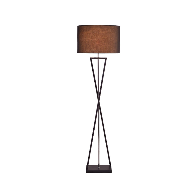Modern Crossing Line Iron Stand-Up Lamp | 1-Bulb Reading Floor With Drum Shade (White/Black)