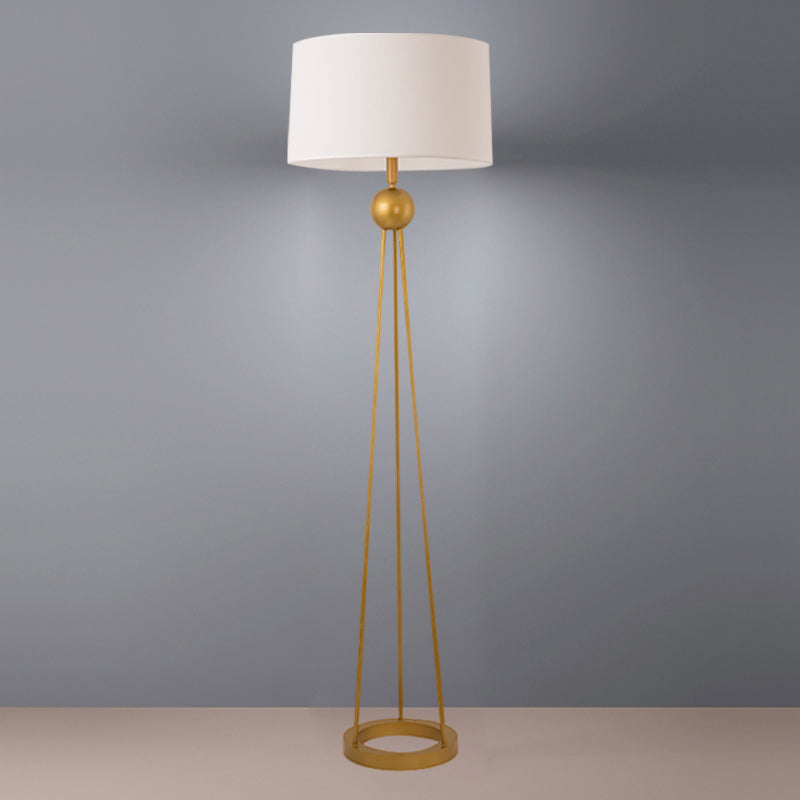 Modernist 1-Light Tripod Floor Lamp In White/Black/Flaxen With Drum Fabric Shade For Living Room
