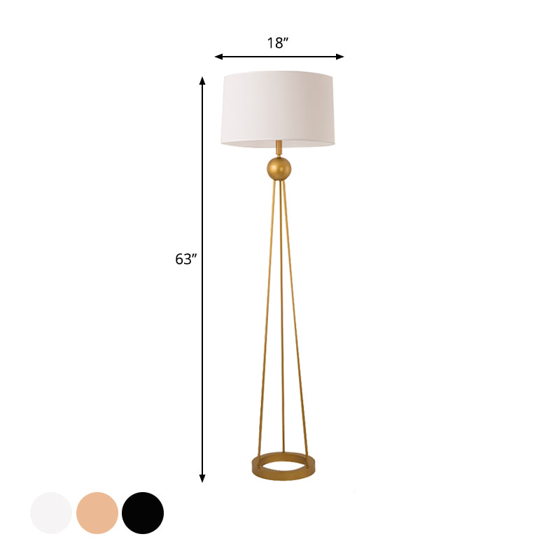 Modernist 1-Light Tripod Floor Lamp In White/Black/Flaxen With Drum Fabric Shade For Living Room