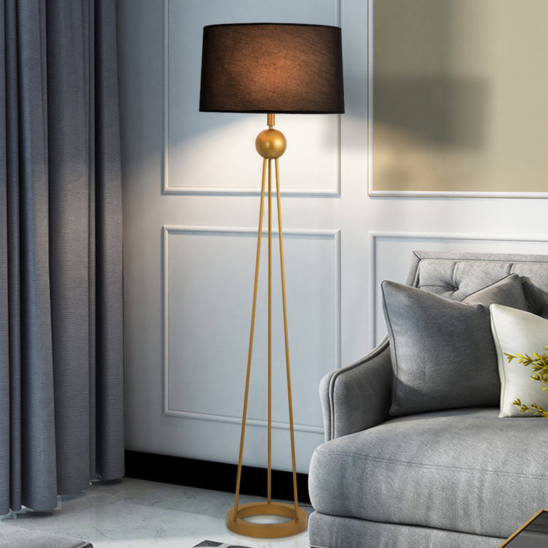Modernist 1-Light Tripod Floor Lamp In White/Black/Flaxen With Drum Fabric Shade For Living Room