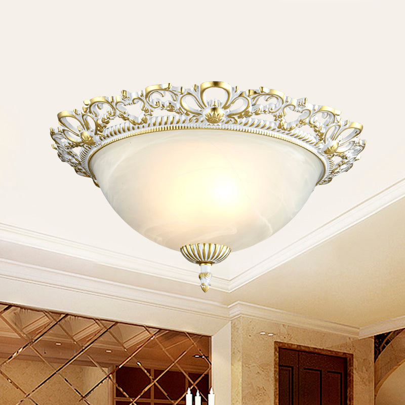 Opal Frosted Glass Flushmount Countryside Brass/White Floral Ceiling Lamp, 11"/19.5" Wide