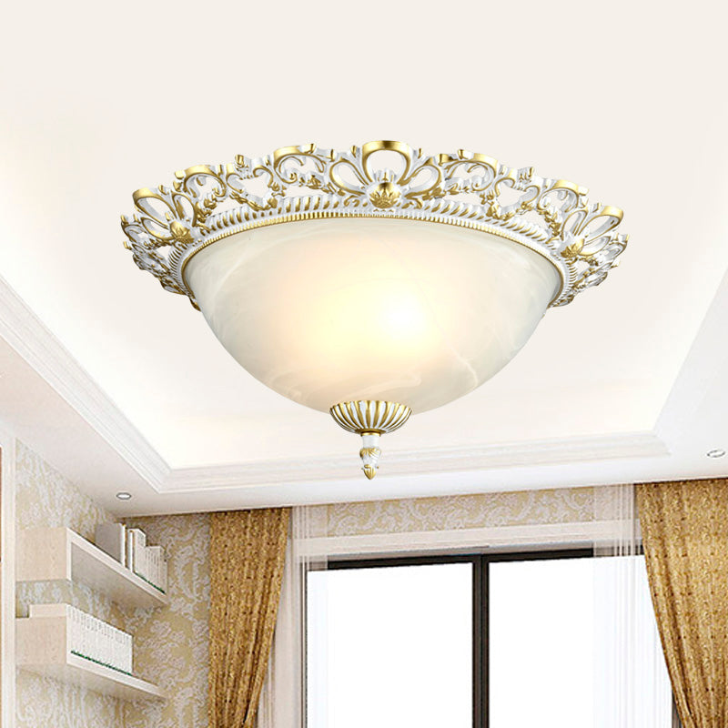 Opal Frosted Glass Flushmount Countryside Brass/White Floral Ceiling Lamp, 11"/19.5" Wide