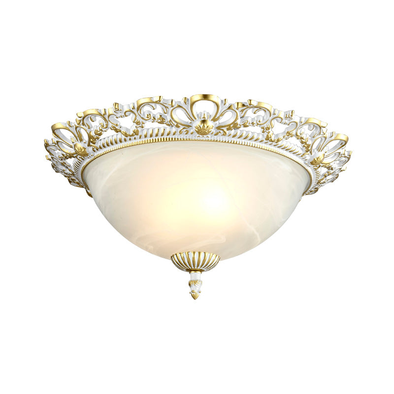 Opal Frosted Glass Flushmount Countryside Brass/White Floral Ceiling Lamp, 11"/19.5" Wide