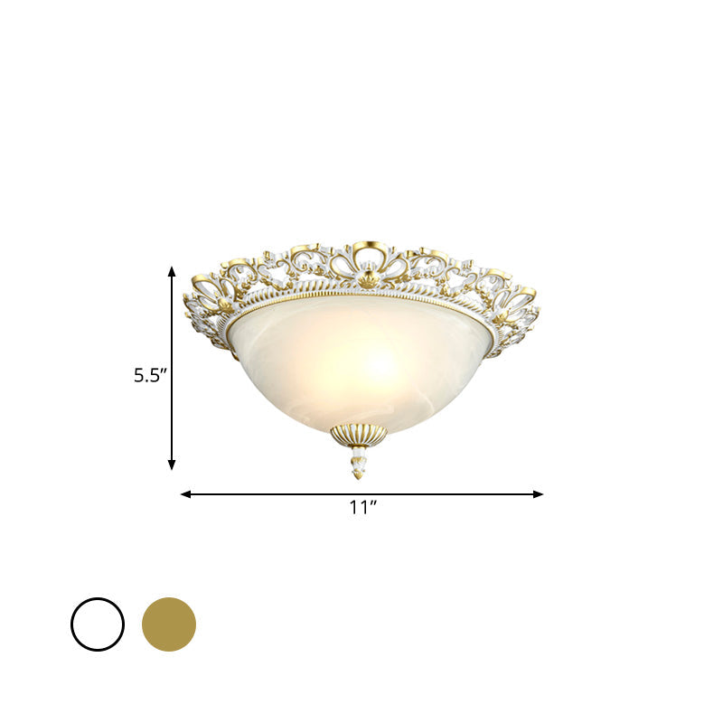 Opal Frosted Glass Flushmount Countryside Brass/White Floral Ceiling Lamp, 11"/19.5" Wide