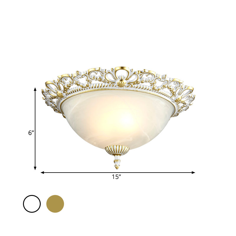 Opal Frosted Glass Flushmount Countryside Brass/White Floral Ceiling Lamp, 11"/19.5" Wide