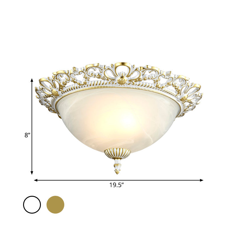 Opal Frosted Glass Flushmount Countryside Brass/White Floral Ceiling Lamp, 11"/19.5" Wide
