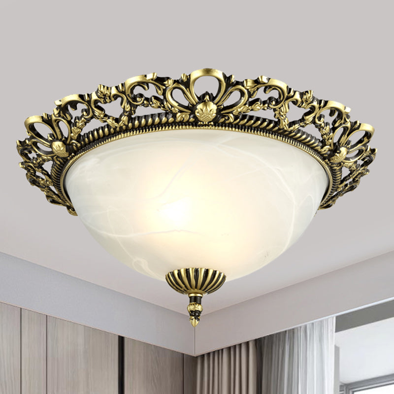 Opal Frosted Glass Flushmount Countryside Brass/White Floral Ceiling Lamp, 11"/19.5" Wide