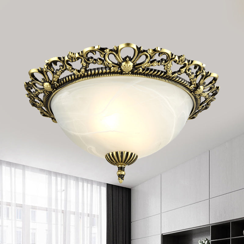 Opal Frosted Glass Flushmount Countryside Brass/White Floral Ceiling Lamp, 11"/19.5" Wide