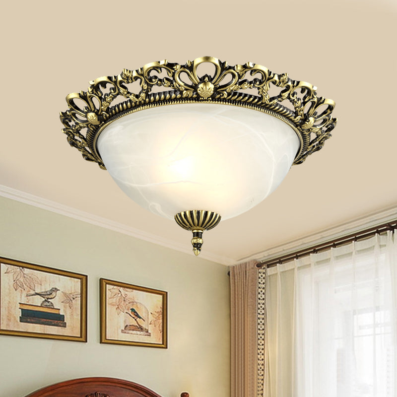 Opal Frosted Glass Flushmount Countryside Brass/White Floral Ceiling Lamp, 11"/19.5" Wide
