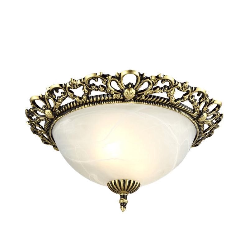 Opal Frosted Glass Flushmount Countryside Brass/White Floral Ceiling Lamp, 11"/19.5" Wide
