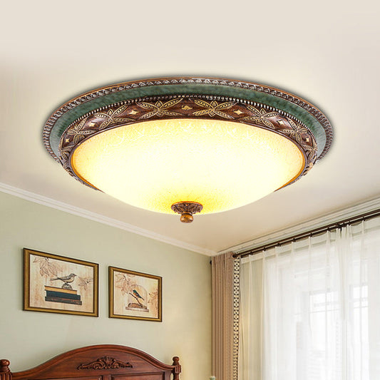 Vintage Opaline Glass LED Ceiling Light in Green/Brown: Shallow Bowl Flush Mount Fixture