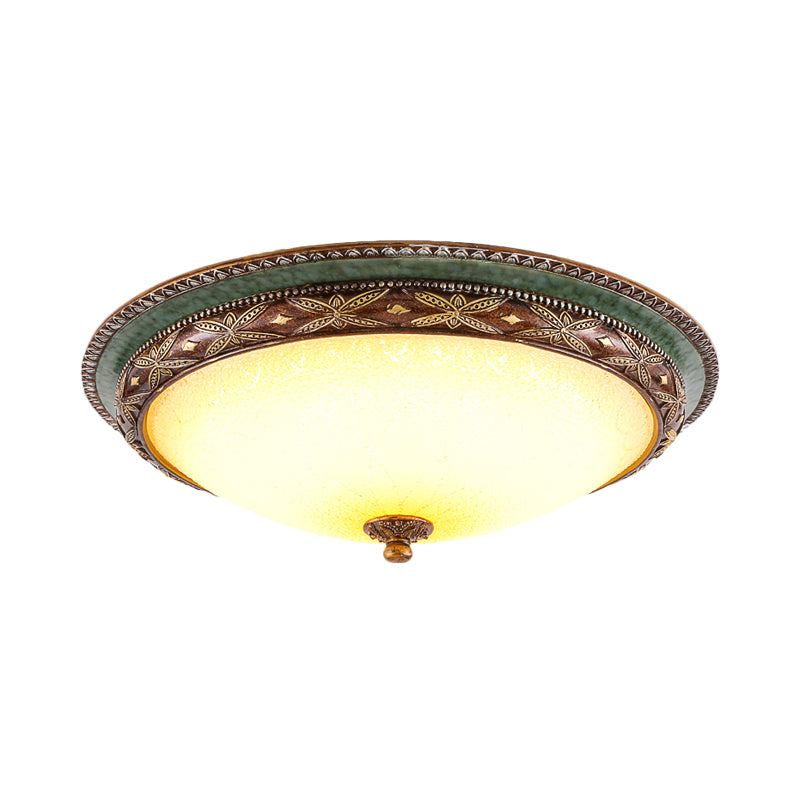 Vintage Opaline Glass LED Ceiling Light in Green/Brown: Shallow Bowl Flush Mount Fixture