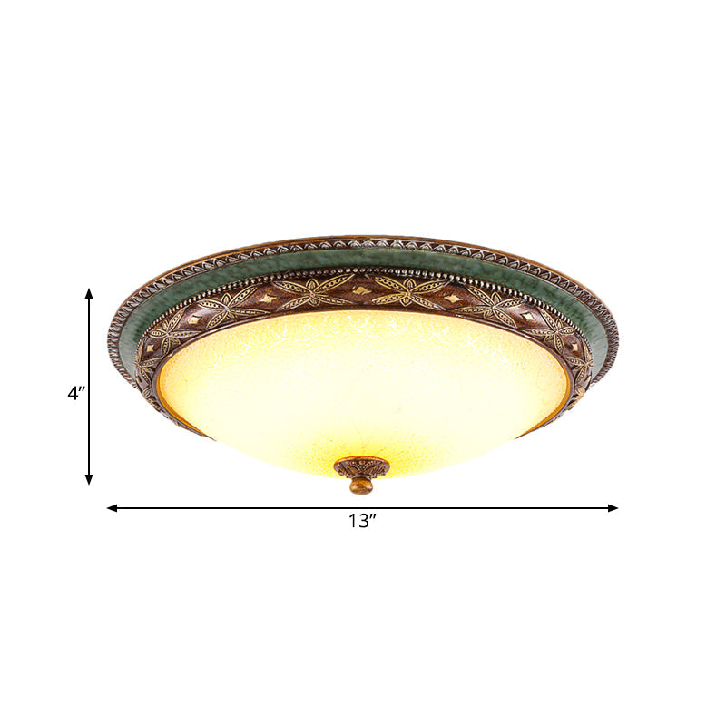 Vintage Opaline Glass LED Ceiling Light in Green/Brown: Shallow Bowl Flush Mount Fixture