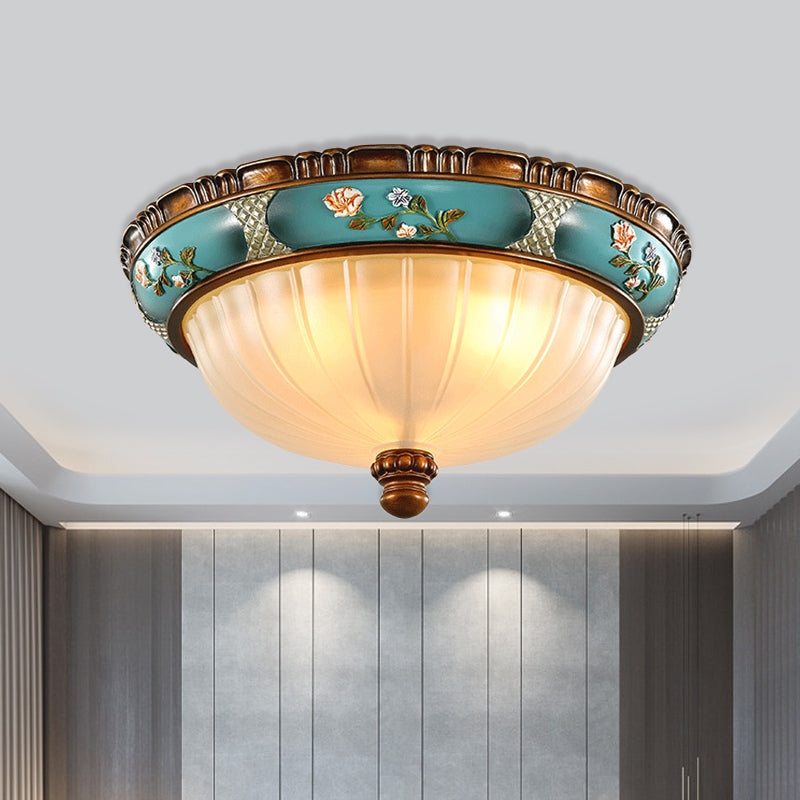 Green Retro Ribbed Glass Flush Mount Ceiling Light with Hemispherical Embossed Flower Design - 15"/19" Wide