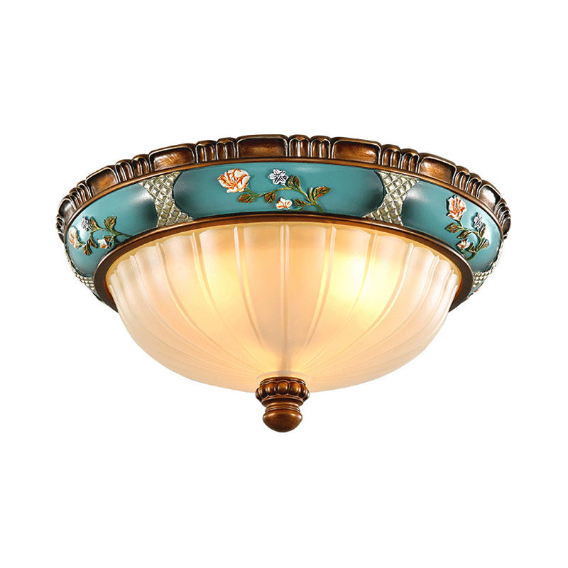 Green Retro Ribbed Glass Flush Mount Ceiling Light with Hemispherical Embossed Flower Design - 15"/19" Wide