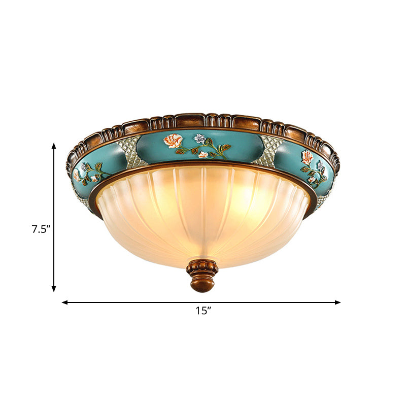Green Retro Ribbed Glass Flush Mount Ceiling Light with Hemispherical Embossed Flower Design - 15"/19" Wide